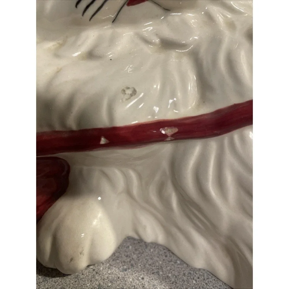 Large Vintage White Ceramic Persian Kitten Kitty Cat Playing w/ Red Yarn Figure